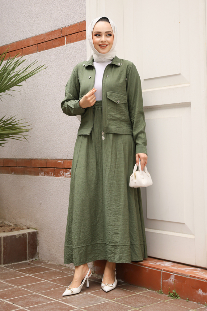 Ceketli Haki Tesettür Etekli İkili Takım 44723HK - 2