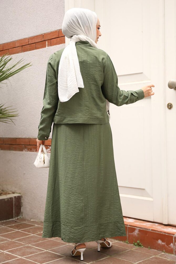 Ceketli Haki Tesettür Etekli İkili Takım 44723HK - 3