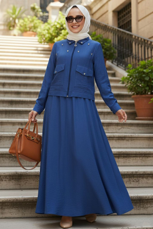 Ceketli İndigo Mavisi Tesettür Etekli İkili Takım 44723IM 