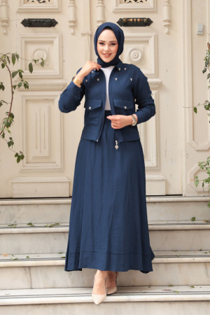 Ceketli Lacivert Tesettür Etekli İkili Takım 44723L - 2