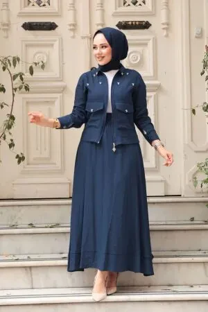 Ceketli Lacivert Tesettür Etekli İkili Takım 44723L 