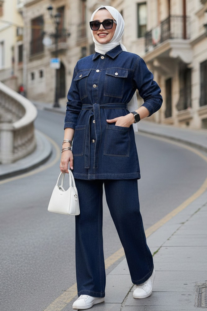 Ceketli Lacivert Tesettür Kot İkili Takım 19051L - 1