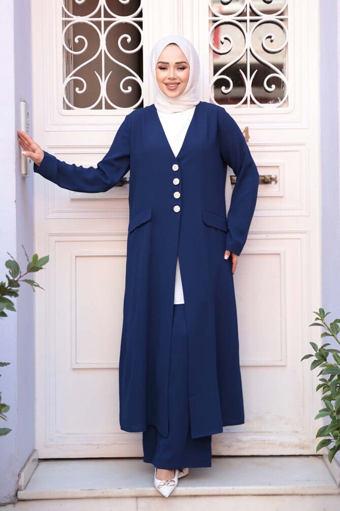 Ceketli Lacivert Tesettür Üçlü Takım 7678L - 2