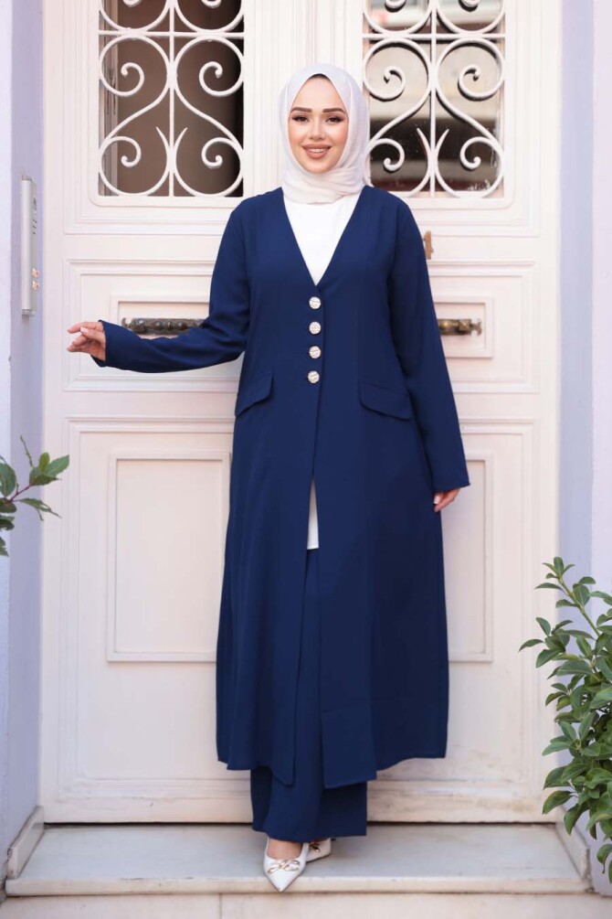 Ceketli Lacivert Tesettür Üçlü Takım 7678L - N.S NEVA STYLE