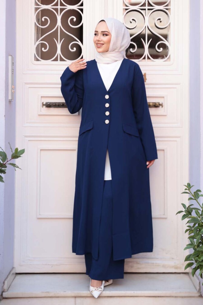 Ceketli Lacivert Tesettür Üçlü Takım 7678L - 3