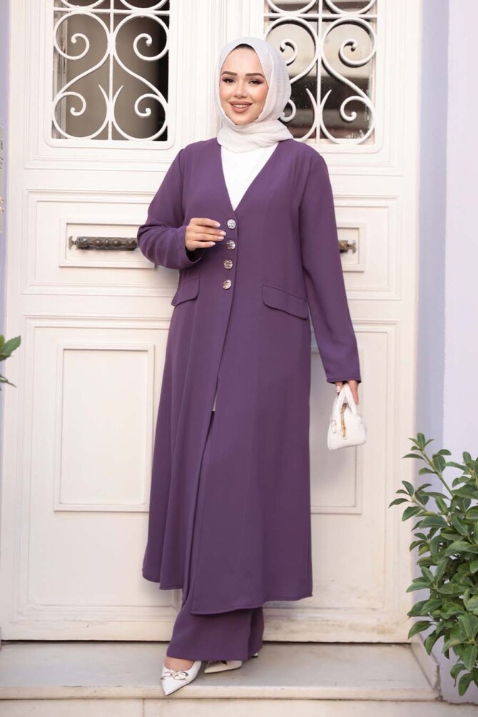 Ceketli Lila Tesettür Üçlü Takım 7678LILA - 2