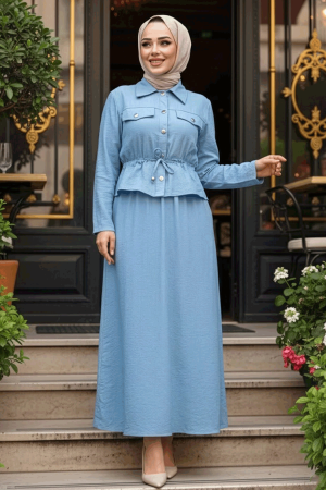 Ceketli Mavi Tesettür Elbise İkili Takım 44651M - NEVA STYLE