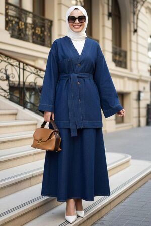 Ceketli Navy Blue Modest Denim Skirted Two-Piece Set 19047L - 1