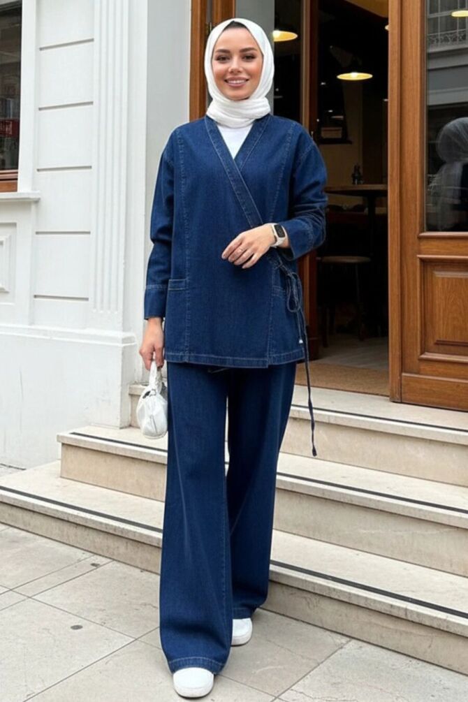 Ceketli Navy Blue Modest Denim Two-Piece Set 19048L - 1