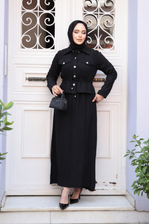 Ceketli Siyah Tesettür Elbise İkili Takım 44651S - 2