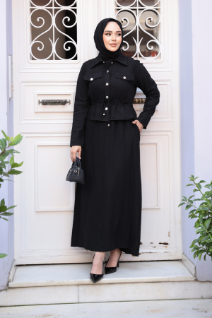 Ceketli Siyah Tesettür Elbise İkili Takım 44651S - 1