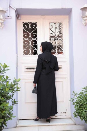 Ceketli Siyah Tesettür Elbise İkili Takım 44651S - 3