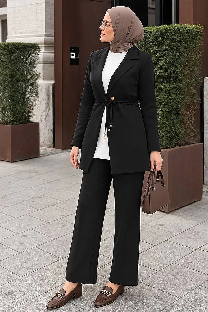 Ceketli Siyah Tesettür İkili Takım 62221S - N.S NEVA STYLE