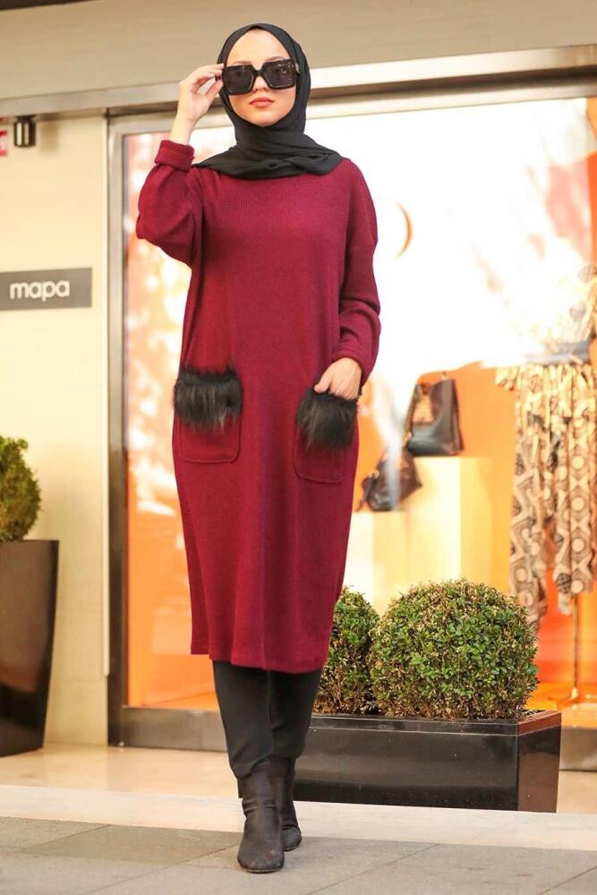 Cep Detaylı Bordo Tesettür Triko Tunik 12003BR - 1