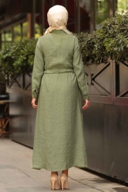 Cep Detaylı Düğmeli Fıstık Yeşili Tesettür Elbise 3664FY - Thumbnail