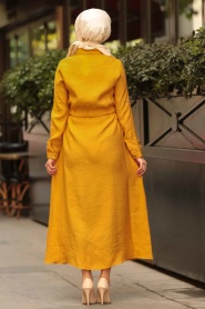 Cep Detaylı Düğmeli Hardal Tesettür Elbise 3664HR - Thumbnail