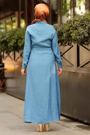Cep Detaylı Düğmeli İndigo Mavisi Tesettür Elbise 3664IM - Thumbnail