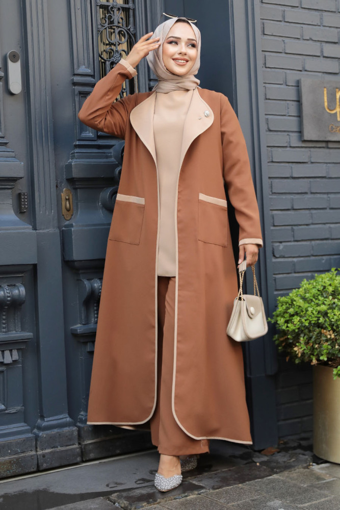 Cep Detaylı Kahverengi Tesettür Kimono Üçlü Takım 40215KH - 2