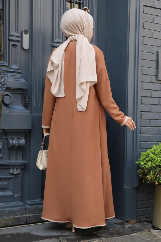 Cep Detaylı Kahverengi Tesettür Kimono Üçlü Takım 40215KH - 3