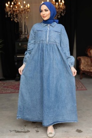 Cep Detaylı Koyu Mavi Tesettür Kot Elbise 19105KM - Thumbnail