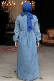Cep Detaylı Koyu Mavi Tesettür Kot Elbise 19105KM - Thumbnail