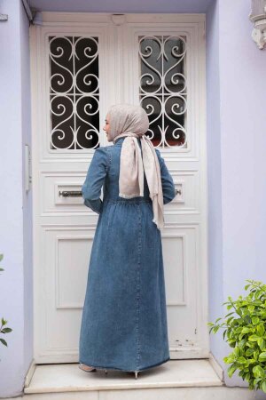 Cep Detaylı Koyu Mavi Tesettür Kot Elbise 19150KM - 2