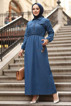 Cep Detaylı Lacivert Tesettür Kot Elbise 717L 