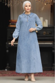 Cep Detaylı Mavi Tesettür Kot Elbise 19101M - Thumbnail
