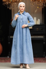 Cep Detaylı Mavi Tesettür Kot Elbise 19105M - Thumbnail