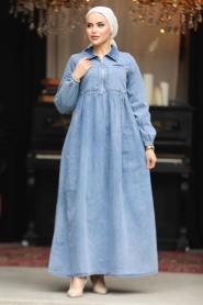 Cep Detaylı Mavi Tesettür Kot Elbise 19105M - Thumbnail