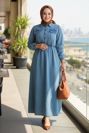 Cep Detaylı Mavi Tesettür Kot Elbise 717M - 1