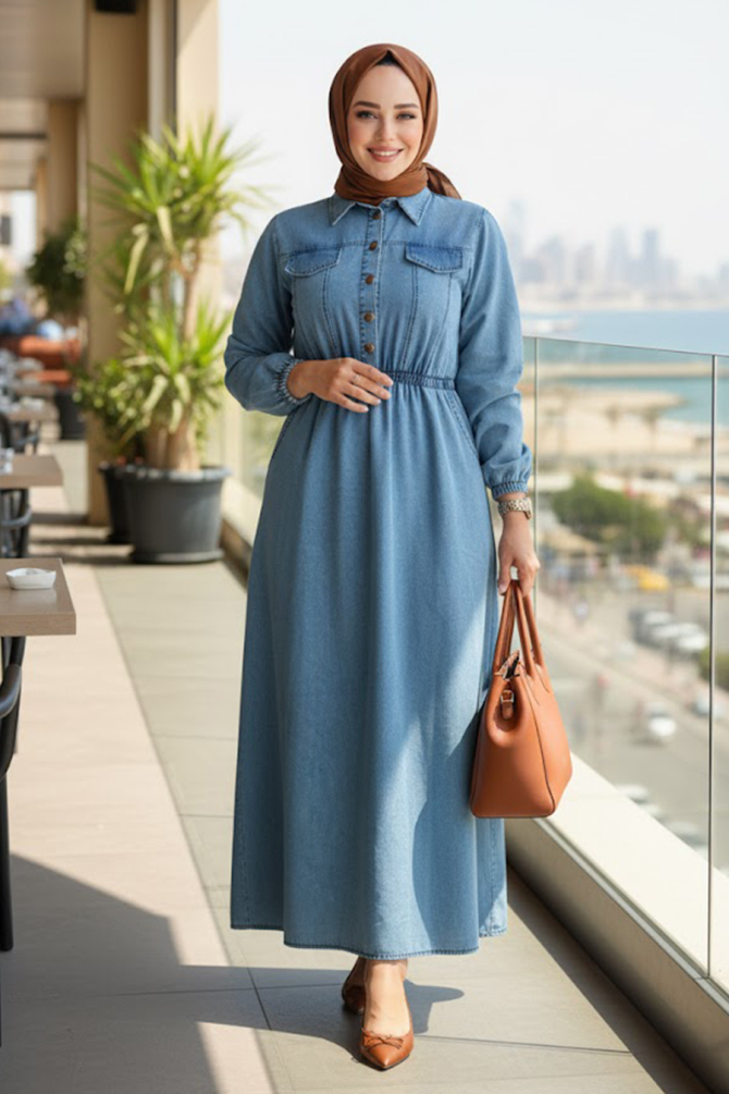 Cep Detaylı Mavi Tesettür Kot Elbise 717M - NEVA STYLE