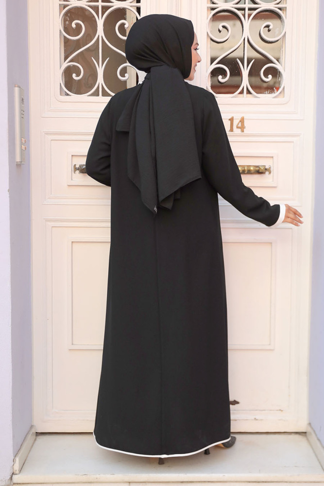 Cep Detaylı Siyah Tesettür Kimono Üçlü Takım 40215S - 4