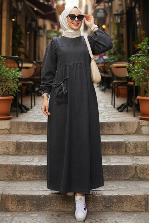 Cep Detaylı Siyah Tesettür Kot Elbise 19160S - N.S NEVA STYLE
