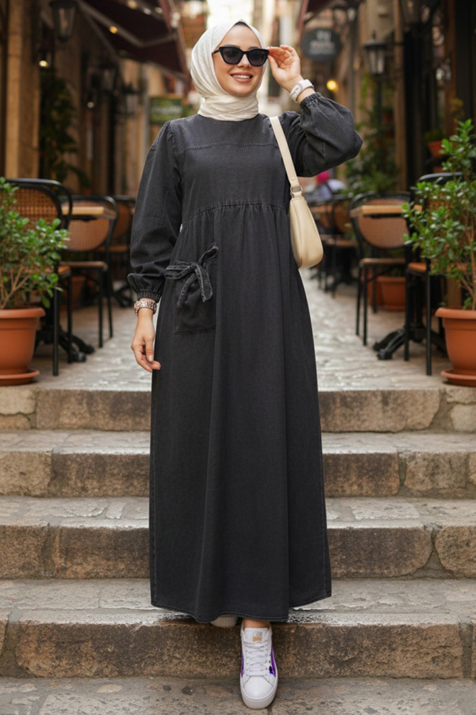 Cep Detaylı Siyah Tesettür Kot Elbise 19160S - 1