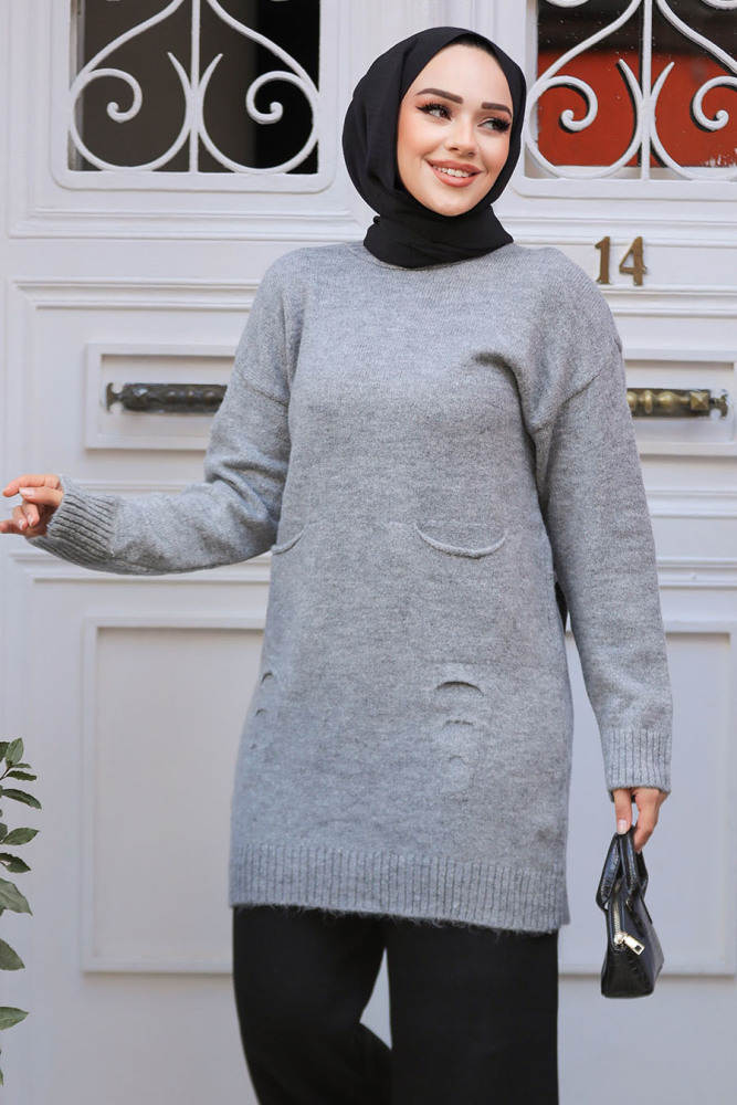 Cepli Gri Tesettür Triko Tunik Kazak 20035GR - 1