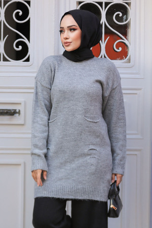 Cepli Gri Tesettür Triko Tunik Kazak 20035GR - 3