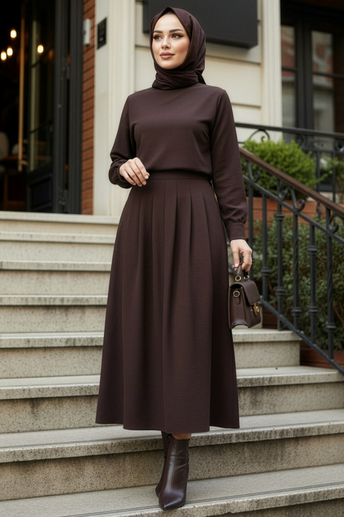 Cepli Kahverengi Tesettür Etek 62112KH - N.S NEVA STYLE
