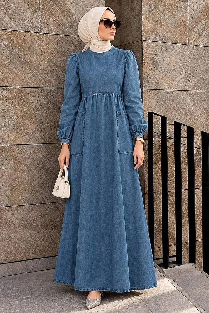 Cepli Kot Mavi Tesettür Elbise 19122M - NEVA STYLE