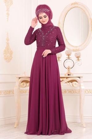 Cerise-Tesettürlü Abiye Elbise - Robe de Soirée Hijab 3291VSN - 1