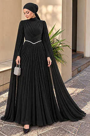 Chain-Detail Draped Black Modest Evening Dress 5717S 