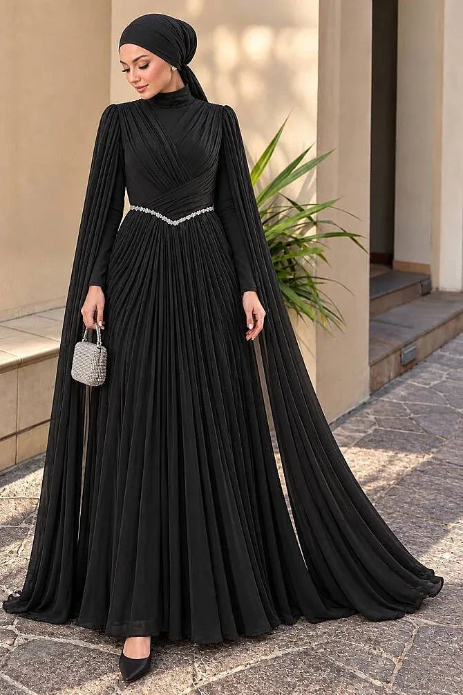 Chain-Detail Draped Black Modest Evening Dress 5717S - 1