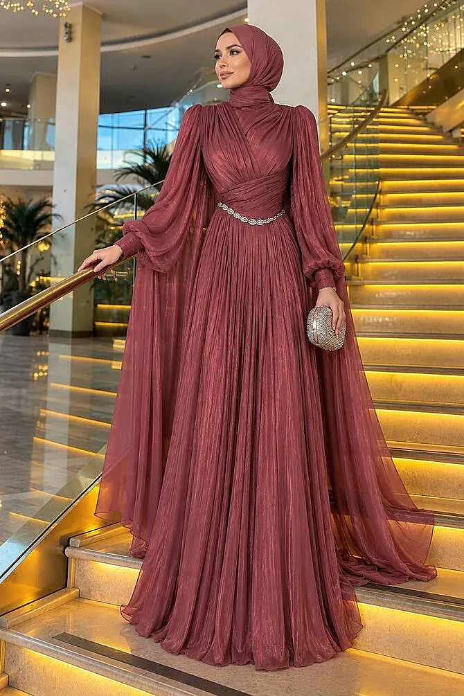 Chain-Detail Draped Dusty Rose Modest Evening Dress 5717GK - 1