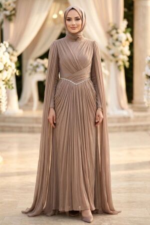 Chain-Detail Draped Mink Modest Evening Dress 5717V 