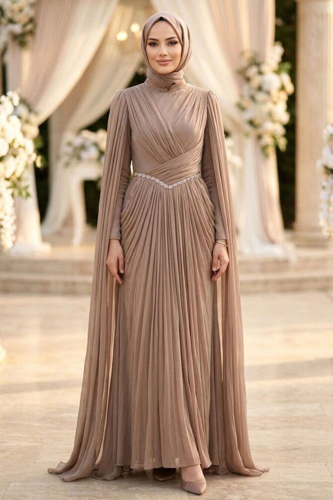 Chain-Detail Draped Mink Modest Evening Dress 5717V - 1