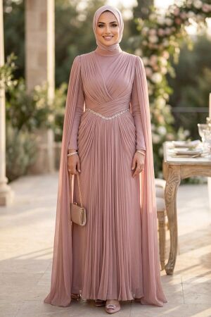 Chain-Detail Draped Powder Pink Modest Evening Dress 5717PD 