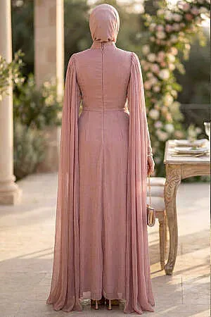 Chain-Detail Draped Powder Pink Modest Evening Dress 5717PD - 2