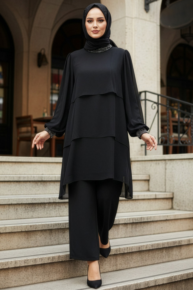 Chiffon Black Modest Two-Piece Set 48501S - 1