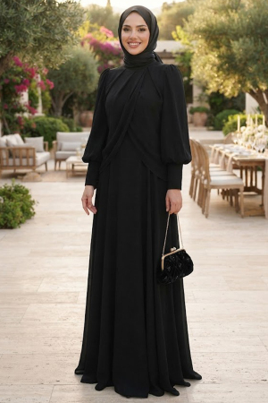 Chiffon Drapeli Black Modest Evening Dress 4948S 