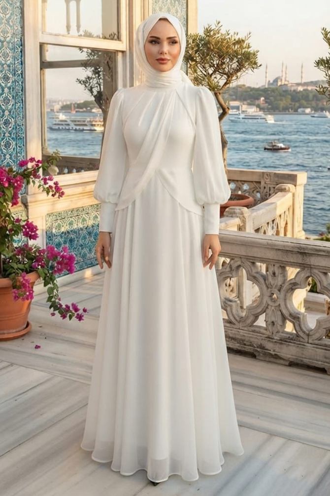 Chiffon Drapeli White Modest Evening Dress 4948B - 1